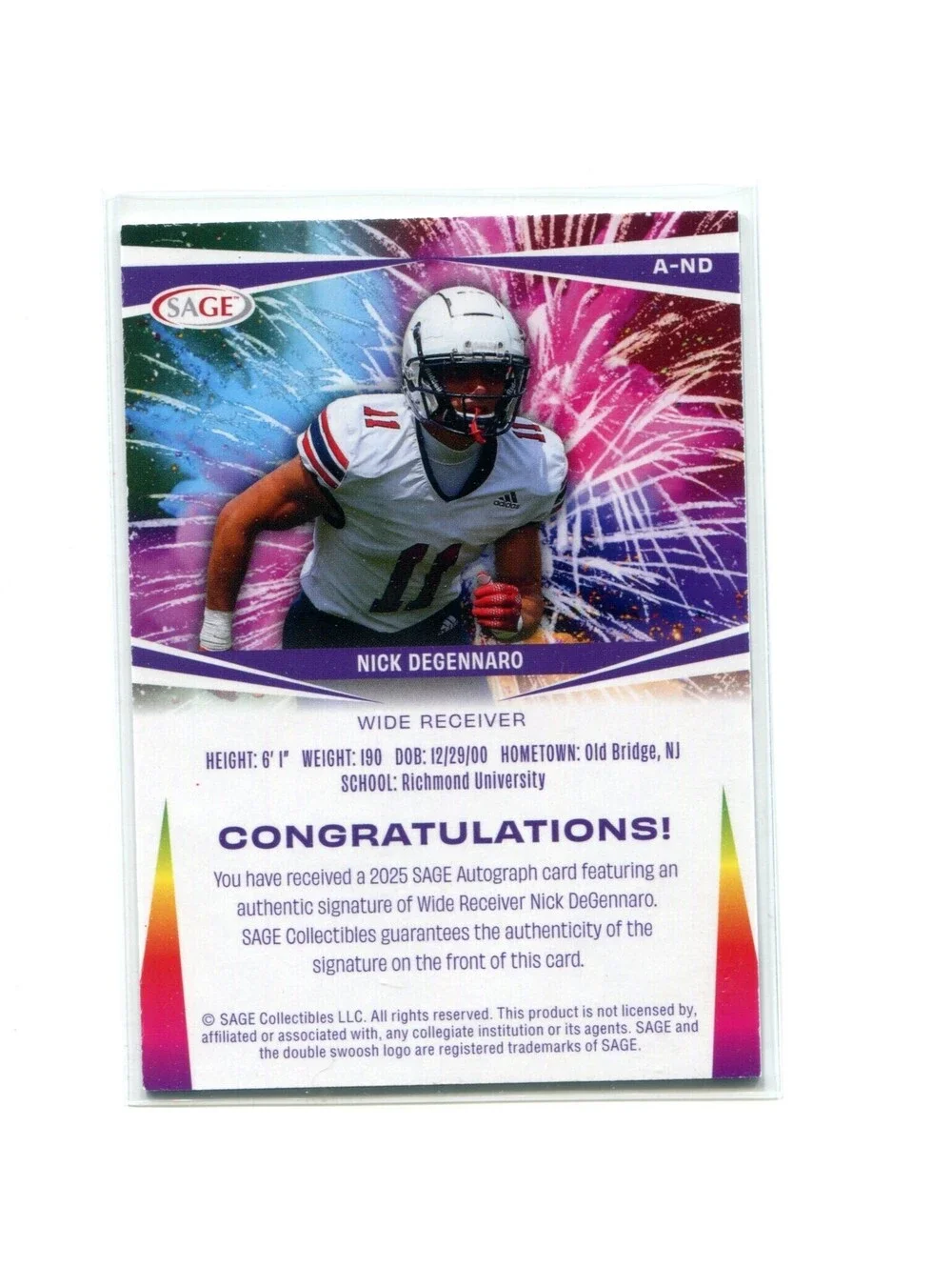 2025 Sage Low Series Football Nick Degennaro Auto A-ND Richmond Spiders